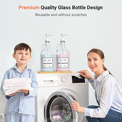2 Pcs Glass Laundry Detergent Dispensers, 64 oz | Liquid Laundry Soap Dispenser for Laundry Room, Farmhouse Decor, with Pumps, Labels, Bamboo Tray, Funnel & Measuring Cups