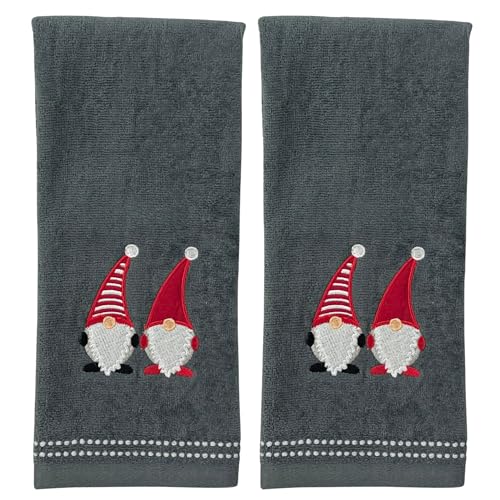 Christmas Gnomes Towel Set: Dark Grey Hand Towels with Red White Embroidery Jolly Nordic Gnome, Set of 2 - color: Holiday Gnomes