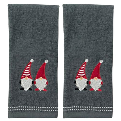 Christmas Gnomes Towel Set: Dark Grey Hand Towels with Red White Embroidery Jolly Nordic Gnome, Set of 2 - color: Holiday Gnomes
