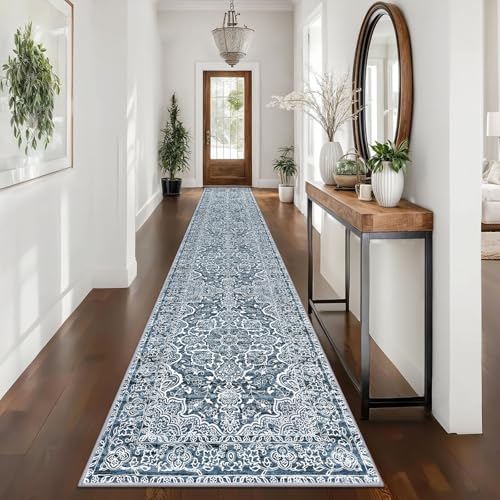 KUTA Vintage Washable Runner Rug 2.6x16 Long Hallway Kitchen Rugs Blue | Non-Slip, Non-Shedding, Low Pile, Easy Clean Distressed Flower Rugs For Hall Stair Entryway Bedroom Laundry Foyer - color: Blue Floral, size: 2'7" x 16' (Runner)
