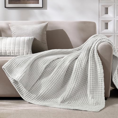 PHF Chenille Waffle Knit Throw Blanket- Plush Warm & Cozy 50" x 60" Ultra Soft Blanket- Chunky Fluffy Waffle Throws for Couch Bed Sofa - Light Grey - color: Light Grey, size: Throw(50"X60")