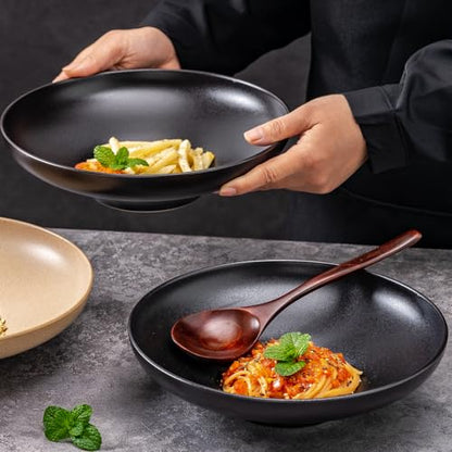 Ceramic Serving Bowls with Wooden Spoons Set of 2, Large Serving Bowl for Dinner Salad Soup Pasta Dessert Fish Fruit Chicken Bread, Oven Dishwasher Safe, 50oz Bowl for Entertaining, 9.75" Pure Black - color: Black