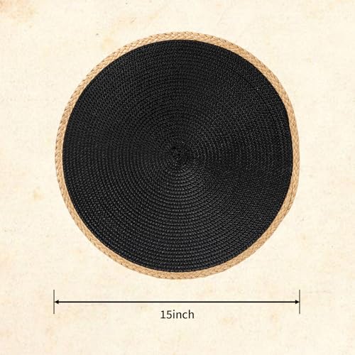 Round Weave Placemats Set of 6, Black with Beige Woven Edge, 15 Inch Heat Resistant Non-Slip Washable Table Mat for Dining Table Kitchen Farm Decor