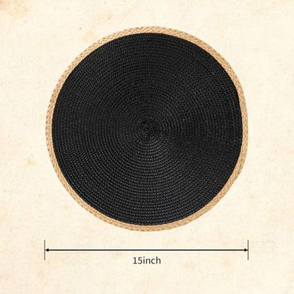 Round Weave Placemats Set of 6, Black with Beige Woven Edge, 15 Inch Heat Resistant Non-Slip Washable Table Mat for Dining Table Kitchen Farm Decor