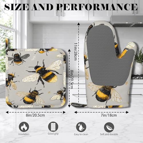 Happy Busy Bees Oven Mitts and Pot Holders Sets Non-Slip Silicone Surface for BBQ Gloves,Kitchen,Cooking,Baking,Grilling - color: Happy Busy Bees