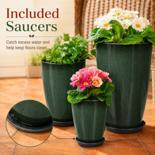 Neoaider Set of 3 Tall Planter, 24/21/12in Large Plastic Planter, DarkGreen | Ceramic-Look, Lightweight, Built-in Drain Hole, Saucers, Tall Outdoor Planter for Porch, Garden, Patio, Balcony - color: Dark Green
