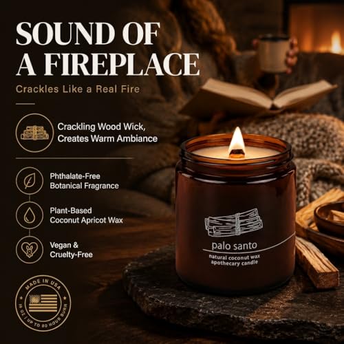 Hemlock Park Palo Santo Apothecary Crackling Wood Wick Candle | 16 oz | Coconut Apricot Wax | Crackling Wood Wick | Botanical Fragrance | Made in USA - size: Large 16 oz