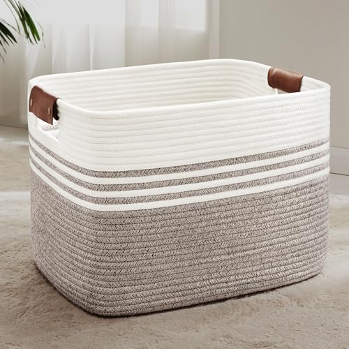 100L Woven Laundry Basket Hamper with Leather Handles,Dark Brown | collapsible wicker hamper, storage for dirty clothes, toys, blankets, gifts, living room, bedroom, bathroom, 24"x16"x16" - color: Dark Brown, size: 100L