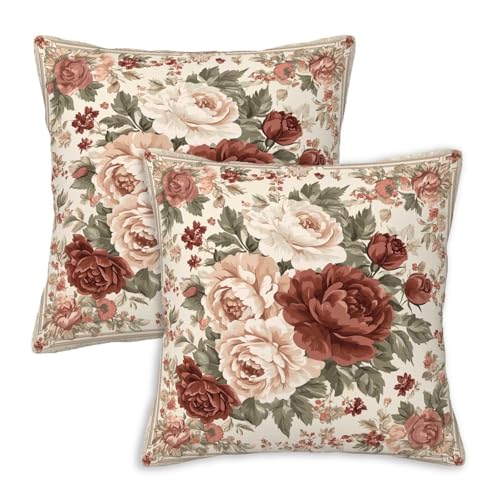 Burgundy Peony Throw Pillow Covers 18x18 Set of 2, Vintage Floral Decorative Cushion Covers, English Country Pillow Cases for Living Room Sofa Bed Couch Bedroom Home Decor - color: Vintage Peony