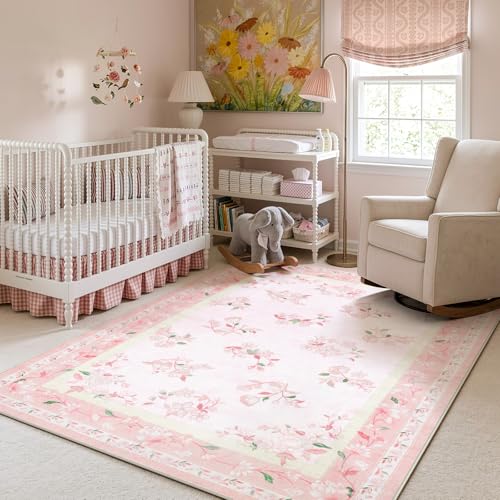 LIVEBOX 5x7 Soft Nursery Rug for Baby Girl, Light Pink Rug Non-Slip Faux Wool Rugs, Machine Washable Cute Rugs for Girls Room, Non-Shedding Floral Carpet for Bedroom Playroom - color: Pink, size: 5' x 7' (Rectangular)