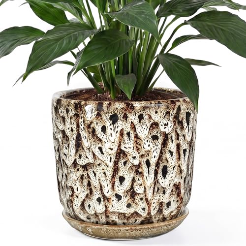 10 Inch Ceramic Plant Pot with Drainage Hole Mesh Net, Large Flower Pots for Indoor Plants with Saucer, Gardening Pots Outdoor - color: Peacock White, size: 10 Inch