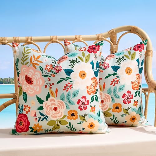 Outdoor Waterproof Floral Throw Pillow Covers Summer Decorative Pillow Covers Green Accent Square Couch Covers Garden Farmhouse Cushion Cases 16x16 Inch Set of 2 for Patio Tent Balcony Furniture Sofa - color: Green, size: 16" x 16" (Pack of 2)