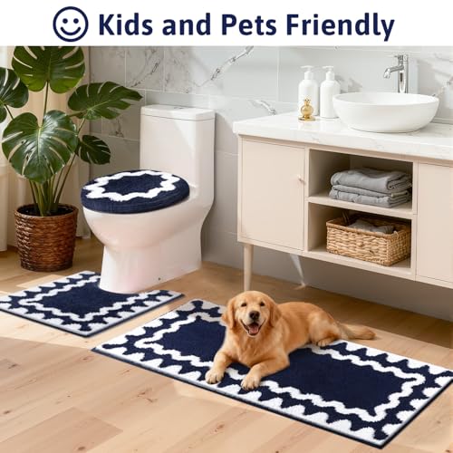 Findosom Bathroom Rugs Sets 3 Piece, Absorbent Soft Non-Slip Bath Rug Set | Washable Microfiber Shaggy Scalloped Bath Mat Set with Bathroom Runner Rug, U-Shaped Toilet Rugs, Shower Rug, Navy - color: Navy & White, size: 18"x26"+18"x48"+U 20"x24"
