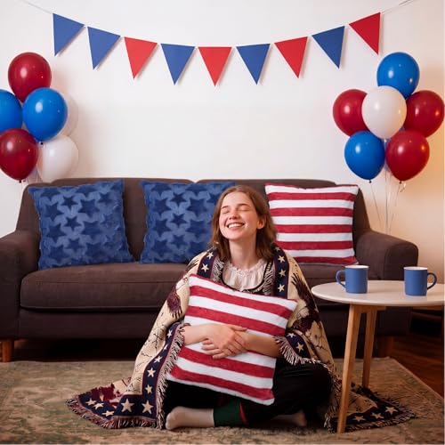 Tiamon 4 Pcs Patriotic 4th of July Throw Pillow Covers 18 x 18 Inch USA Flag American Plush 3D Embroidered Pillow Cases Red White Blue Stripe Star Cushion Covers for Independence Day Decor Sofa Bed - style: Stripe and Star