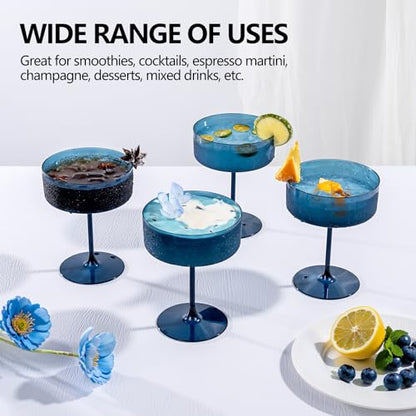 Ciaell 12 Pack Blue Plastic Martini Glasses for Bars Parties | 10 oz Blue Coupe Cocktail Cups, Heavy Duty Plastic, Cocktails Whiskey Margaritas Wine for Weddings Birthdays Anniversaries - color: Basic Blue