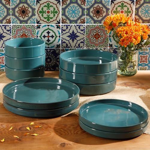 Two Time Oprah's Favorite Things Winner - Santorini Mist Double Bowl Terracotta Reactive Glaze Plates and Bowls Dinnerware Set - Jade Blue Green, Service for Four (16pcs) - color: Jade