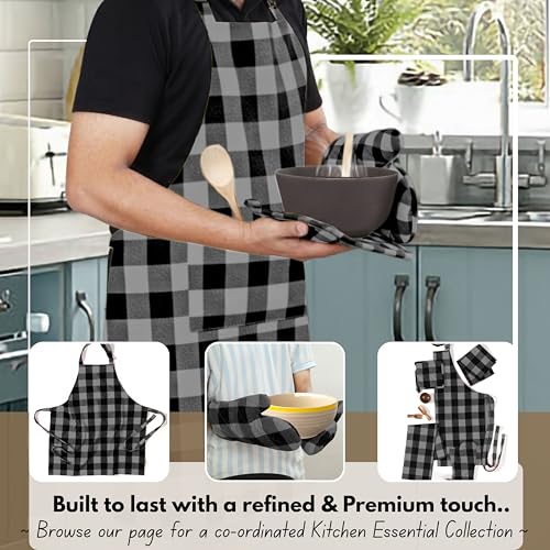 Native Fab Buffalo Plaid Check Oven Mitts and Pot Holders Set of 4, 100% Cotton Heat Resistant Kitchen Gloves, 2 Oven Mitts (7x13), 2 Pot Holders (8x8) for Cooking & Baking, Ash Grey Black - color: Buffalo, Light Grey & Black