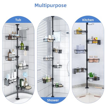 GearFusion Shower Caddy Organizer Tension Pole, Rustproof 4 Tier Corner Shower Rack with 25–114 Inch Adjustable Height for Bathroom Storage, Extra Towel Rack, Soap Dish and Toothbrush Holder, Black