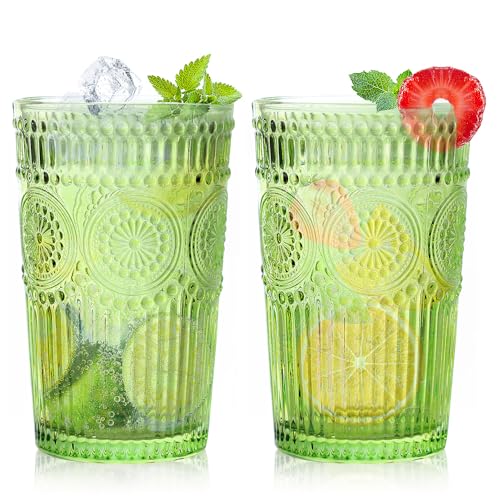Loivttvv 6pcs Vintage Drinking Glasses Set, 12 oz Green Highball Glasses, Embossed Ribbed Glassware Cups for Cocktail, Water, Juice, Coffee, Whiskey - color: Green