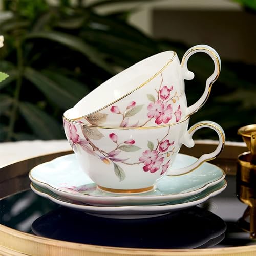 KAMMAK Tea Cups Set of 2,Ceramic Floral Pattern Demitasse Cup | Porcelain Espresso Cup with Saucer, 5.41 oz Handmade Elegant Bone China Tea Cups for Latte, Americano, Cappuccino - color: Fragrance in Spring