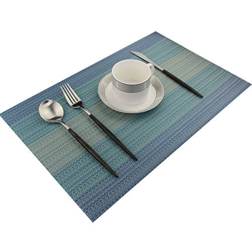Placemats Washable Easy to Clean PVC Placemat for Kitchen Table Heat-resistand Woven Vinyl Hard Table Mats 12x18 inches Set of 6 （Blue） - color: Blue, size: placemats set of 6