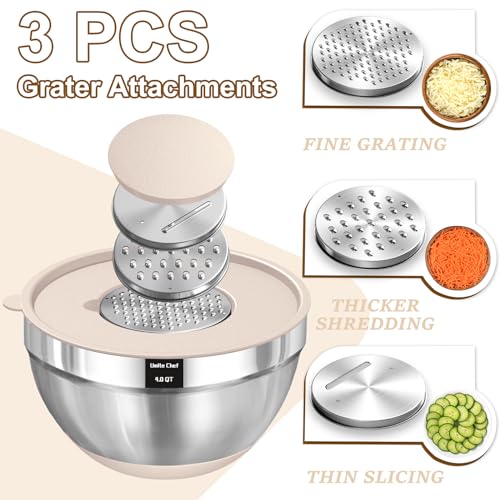Umite Chef Mixing Bowls with Airtight Lids Set, 8PCS Stainless Steel Nesting Bowls with Grater Attachments, Non-Slip Bottoms, 5, 4, 3.5, 2, 1.5QT for Mixing & Serving - color: Khaki