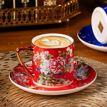 KAMMAK Tea Cup and Saucer, Ceramic Coffee Cups, 7.4 oz, Set of 2 | Porcelain Tea Cups with Saucers for Coffee and Cappuccino, Ideal for Breakfast, Afternoon Tea and Entertaining,631+632N - style: 631N+632N