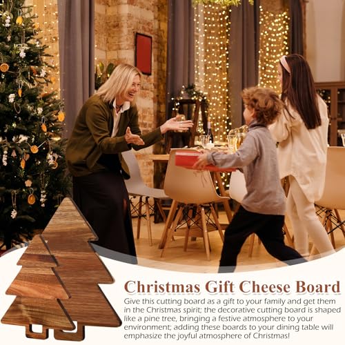 Lallisa 2 Pieces Christmas Tree Charcuterie Board Wooden with Handles Christmas Cutting Board Platter Acacia Kitchen Cutting Chopping Board for Kitchen Cheese Fruit Bread Snack Dessert, 2 Sizes