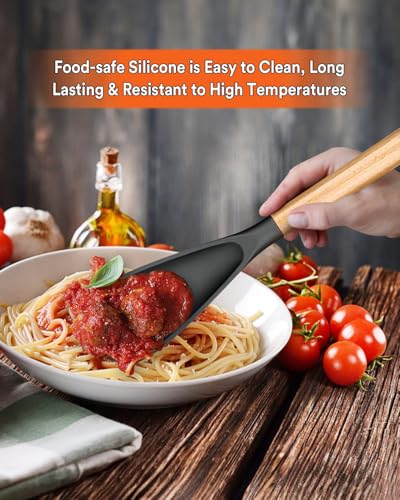 Multifunction Spoon for Nonstick Cookwares, Great for Cooking and Serving, Sturdy BPA-Free Matte Silicone, Wood Handle Spoonula for Mixing, Scoop, and Scrape, Grey(2 pack,11.4" & 13.4") - color: Gray