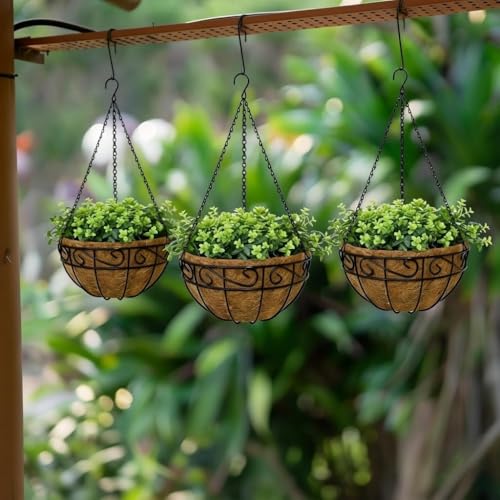 10 Inch Hanging Baskets for Plants Outdoor, 3 Pack Metal Wire Hanging Planters with Coco Coir Liners, Rust-Resistant Flower Basket with Chains & Hooks for Garden Patio Porch Deck Balcony - size: 10IN-3PCS
