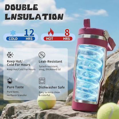 30oz Flip Straw Insulated Water Bottle with Handle, Leak Proof Stainless Steel Travel Tumbler With Lid, Double Wall Vacuum Iced Coffee Travel Mug, Sport Cup, Outside use - color: WineRed