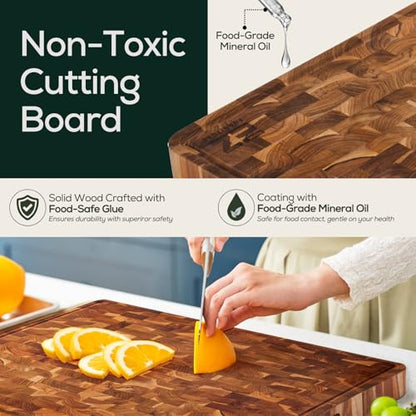 EZ FURNITURE Medium (M) Teak End Grain Cutting Board, Reversible, Knife-Friendly Charcuterie Wood Cutting Board with Juice Groove & Handles, Non-Toxic, Gift Box Included (7" x 13" x 1.5") - color: M - Teak End Gain, size: 17"L x 13"W