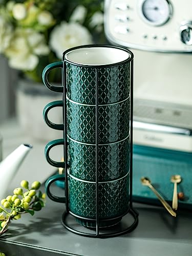 LYEOBOH Coffee Mug Set Porcelain Stackable Coffee Mugs with Stand and Spoons, 13 OZ. Cappuccino Cup Demitasse Cups for Drinks, Espresso, Latte,Set of 4, Dark Green - color: Dark Green