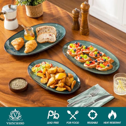 vancasso Ceramic Serving Platters Set of 3, Oval 16/14.7/13.5 Inch Stoneware Serving Dishes for Entertaining, Microwave Safe Serving Trays for Food, Turkey, Cheese, Party, Reactive Glaze Green - color: Green