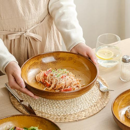 HAPPY KIT 9'' Pasta Bowls, 42oz, Stoneware Set of 4, Ocher | Large Salad Bowl, Ceramic Serving Bowls, Double Reactive Glaze, Ideal for Housewarming, Festivals, Microwave Safe - color: Ocher