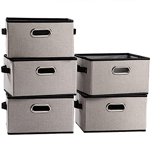 Fodable Storage Baskets for Closet [5-pack] Decorative Fabric Storage Bins Cubes with Leather/Metal Handles for Shelves Bedroom Living Room Light Grey (11.5x8.5x6.7 Inch) - color: Light Grey, size: Medium(5-Pack)