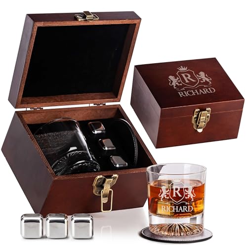 Custom Monogram Whiskey Gift Set, Glass Coaster Stones Wood Box for Him | Personalized Name, Leather Coaster, Stainless Steel Stones, Gift For Men, Husband Present, Dad Idea, Groomsmen Gift