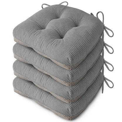 Anti Slip Kitchen Chair Cushions Set of 4 18"X16.5"X3" Grey | Elegant Breathable Textured Fabric, with Ties, Tufted, Thick Polyester Filling, for Dining Chairs, Folding Chairs, Office - color: Grey