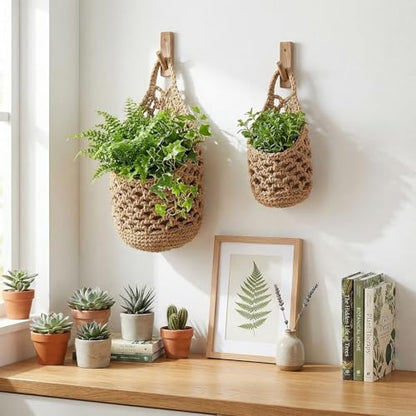 6 Pcs Macrame Hanging Planter Set - 3 Small (5.3"x9") & 3 Mini (4.3"x7.9") Boho Wall Mounted Cotton Baskets for Indoor Plants, Linen Color, Plants & Pots Not Included