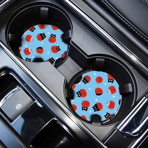 WOCOCN Cute Cup Holder Coasters for Your Car with Fingertip Grip | Auto Accessories for Women & Men,Pack of 2, Black Cat and Apple - color: Black Cat and Apple