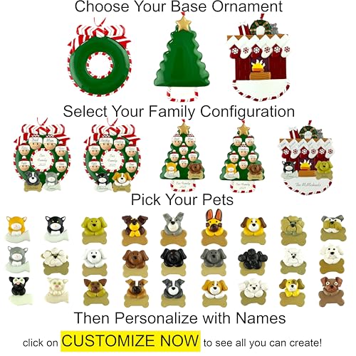 Customized and Personalized Christmas Ornament - Family of 2-6 with Two Pets - Select 2 of The 25 Different Dogs and Cats to Design Your Own Made to Order Gift (Family of 6) - size: Family of 6 with 2 Pets