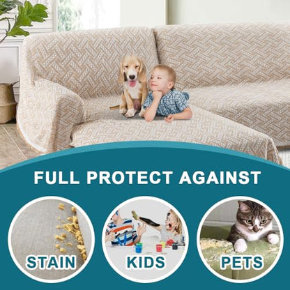 Turquoize Sectional Couch Covers L Shape Couch Cover Sectional Sofa Cover Washable 2 Pieces Blanket for Sectional Sofa Feature Geometrical Woven Jacquard Fabric (71" x 102"+63" x 110", Khaki/White) - color: Khaki/White, size: Small Sectional: 71" x 102"+6