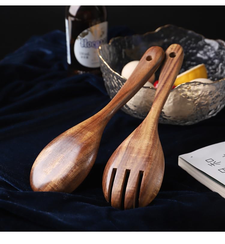 Wooden Salad Servers, 10.2" Acacia Wood Salad Fork & Spoon for Serving, Olive Wood Salad Serving Utensils Set of 2, Teak Salad Tongs for Kitchen