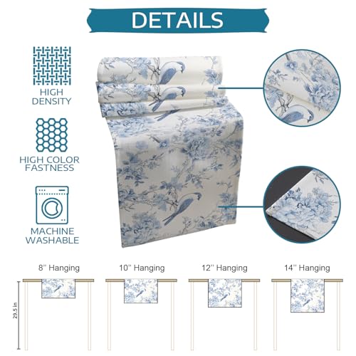 Table Runner and Placemats Set of 4 Blue Flower Decorative Dining Table Runner with Matching Placemats Tree Branch Birds Table Decor for Kitchen Dining Room and Everyday Use 13x90in - size: 13"x90"+4pcs