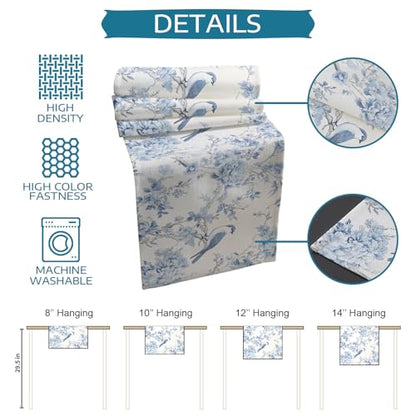 Table Runner and Placemats Set of 6 Blue Flower Decorative Dining Table Runner with Matching Placemats Tree Branch Birds Table Decor for Kitchen Dining Room and Everyday Use 13x70in - size: 13"x70"+6pcs