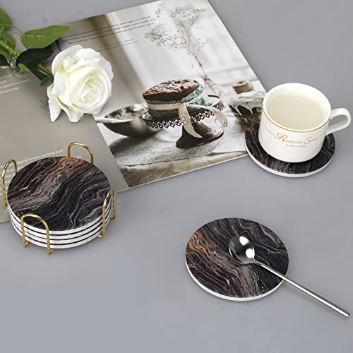 6 Pcs Black Ceramic Stone Modern Coasters with Holder Best Absorbent Drink Coasters Round Ceramic Table Coasters Set Best Coffee Table Ceramic Coaster Set - color: Black Marble