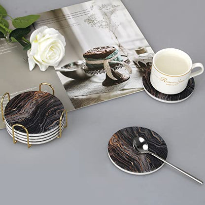 6 Pcs Black Ceramic Stone Modern Coasters with Holder Best Absorbent Drink Coasters Round Ceramic Table Coasters Set Best Coffee Table Ceramic Coaster Set - color: Black Marble