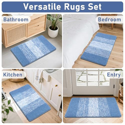Bsmathom Bathroom Rug Set 4 Piece, Plush Microfiber Bath Mat, Blue | Extra Water Absorbent, Non Slip Washable Runner Bath Rugs with Toilet Lid Cover and U-shaped Contour Toilet Mat - color: Blue, size: 20"x31"+20"x59"+U20"x24"+Cover19"x21"