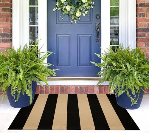 Layered Door Mat 2x3 ft - Striped Farmhouse Washable Outdoor Rug | Cotton Woven Small Doormats for Porch Decor, Home Entrance, Kitchen & Indoor Use - color: Black Tan, size: 2' x 3' (Rectangular)