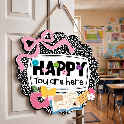 Kajaia Teacher Classroom Door Sign Back to School Notebook Composition Decor 13 in Wooden Smile Face Preppy Welcome Door Sign Happy You Are Here Teacher Gift for First Day of School Preschool Wall